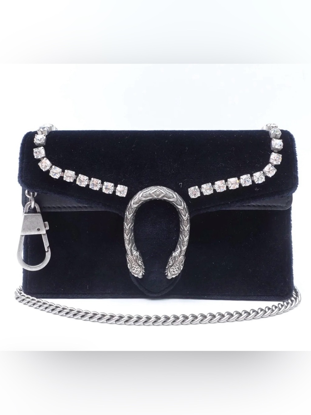 GUCCI DIONYSUS Super Mini Black Velvet Clutch with Silver Crystal Chain Bag